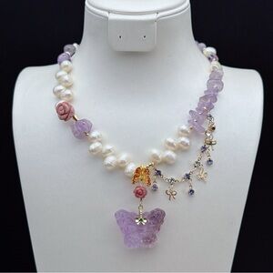 26X9 Handmade Freshwater Baroque Pearl Amethyst Necklace with Butterfly Pendant